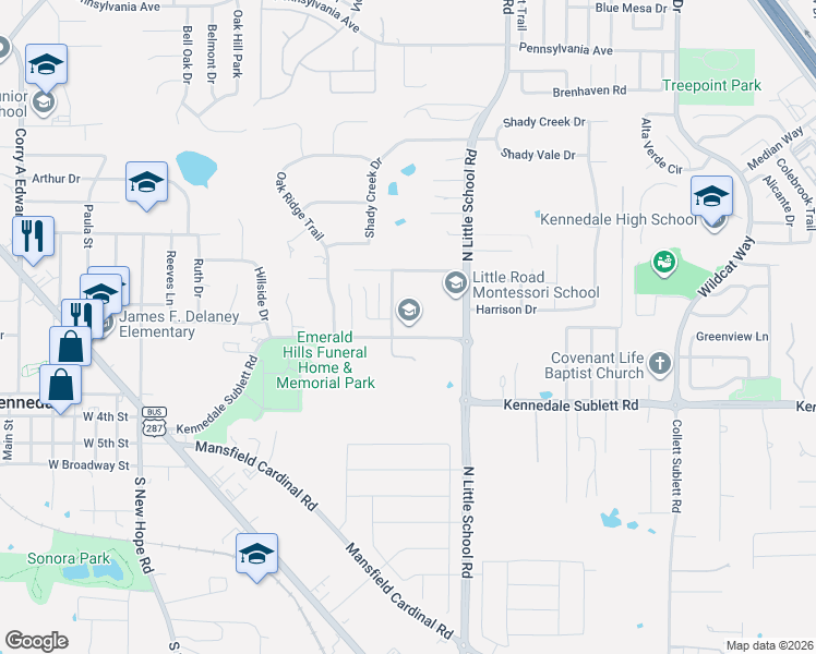 map of restaurants, bars, coffee shops, grocery stores, and more near 801 Kennedale Sublett Rd in Kennedale