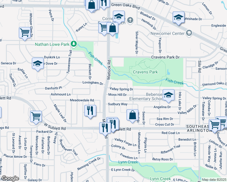 map of restaurants, bars, coffee shops, grocery stores, and more near 110 Valley Spring Drive in Arlington