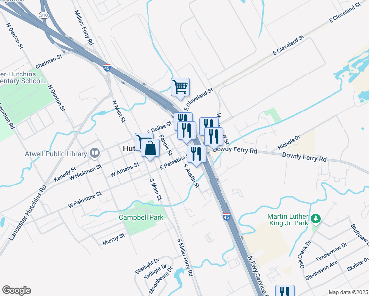 map of restaurants, bars, coffee shops, grocery stores, and more near 401 East Palestine Street in Hutchins