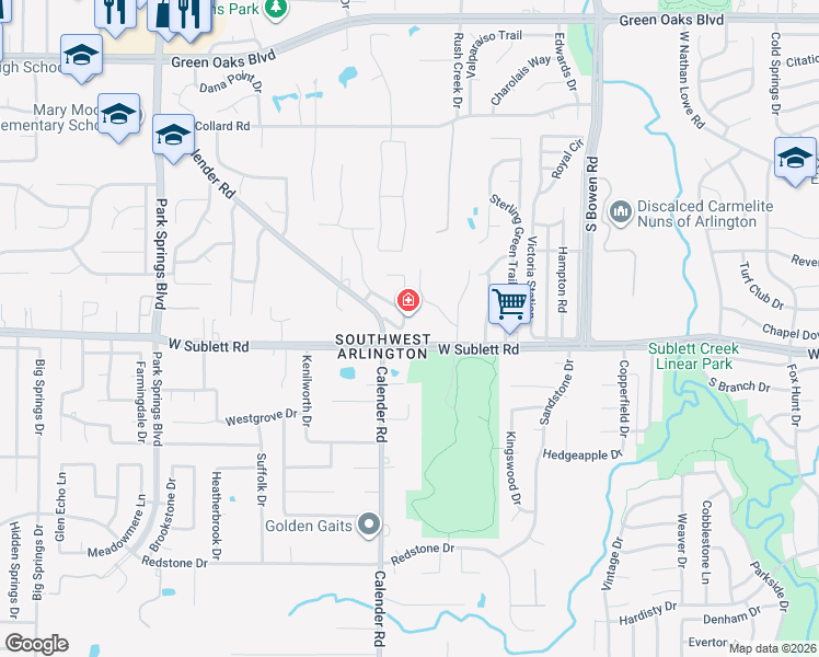 map of restaurants, bars, coffee shops, grocery stores, and more near 5735 Champion Court in Arlington