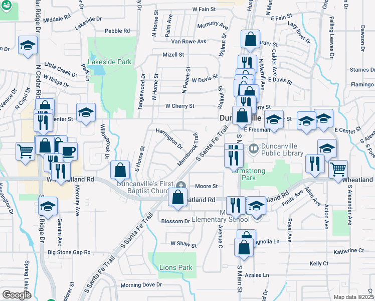 map of restaurants, bars, coffee shops, grocery stores, and more near 305 Melody Lane in Duncanville