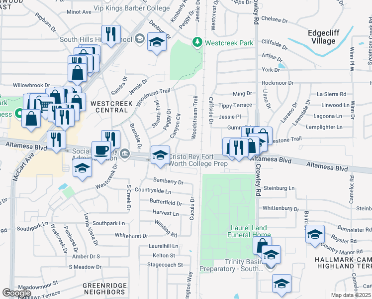 map of restaurants, bars, coffee shops, grocery stores, and more near 6417 Landview Drive in Fort Worth