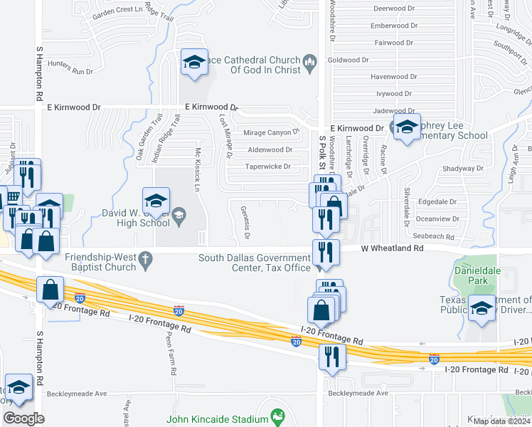 map of restaurants, bars, coffee shops, grocery stores, and more near 8016 Alex David Circle in Dallas