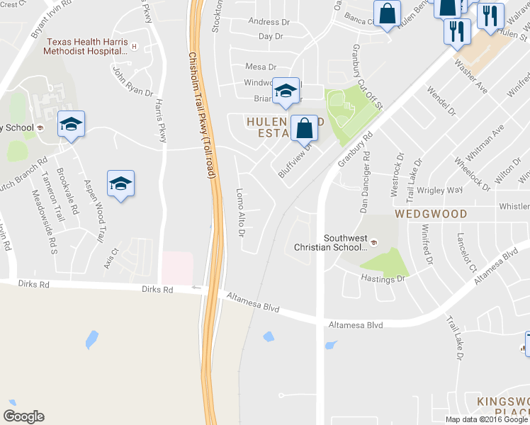map of restaurants, bars, coffee shops, grocery stores, and more near 6820 Coldwater Canyon Road in Fort Worth