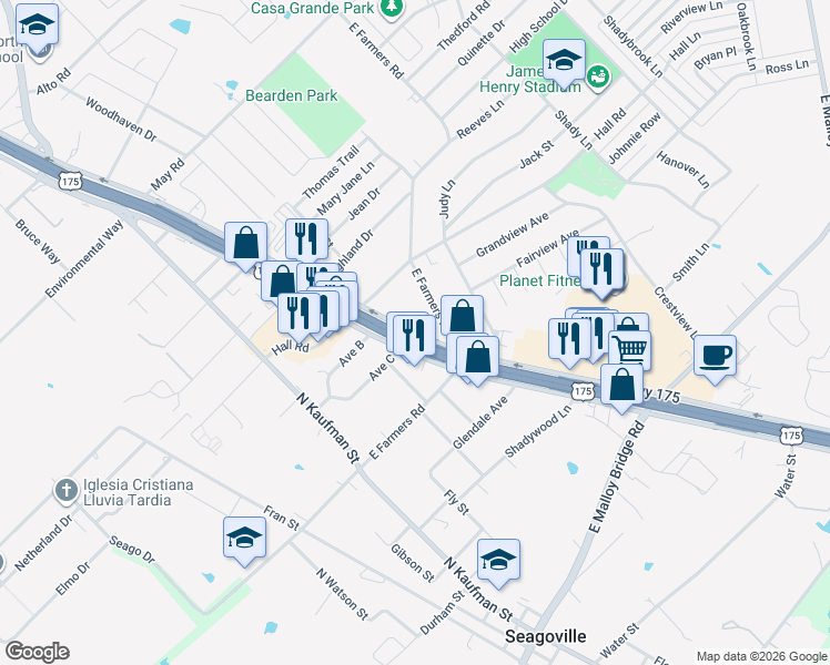 map of restaurants, bars, coffee shops, grocery stores, and more near North Highway 175 in Seagoville