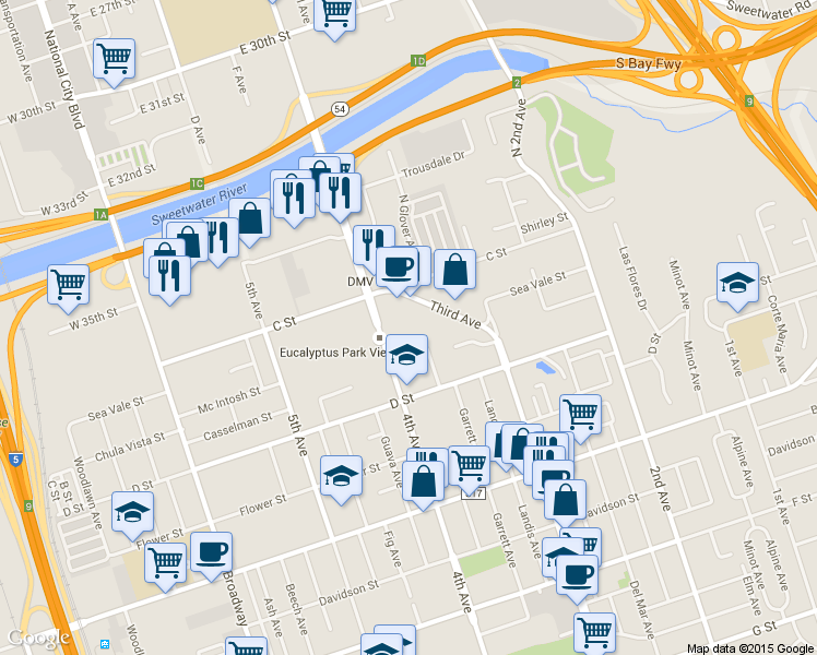 map of restaurants, bars, coffee shops, grocery stores, and more near 49 4th Avenue in Chula Vista