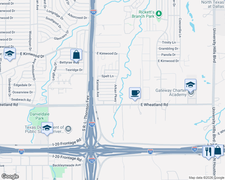 map of restaurants, bars, coffee shops, grocery stores, and more near 143 Idlewheat Lane in Dallas