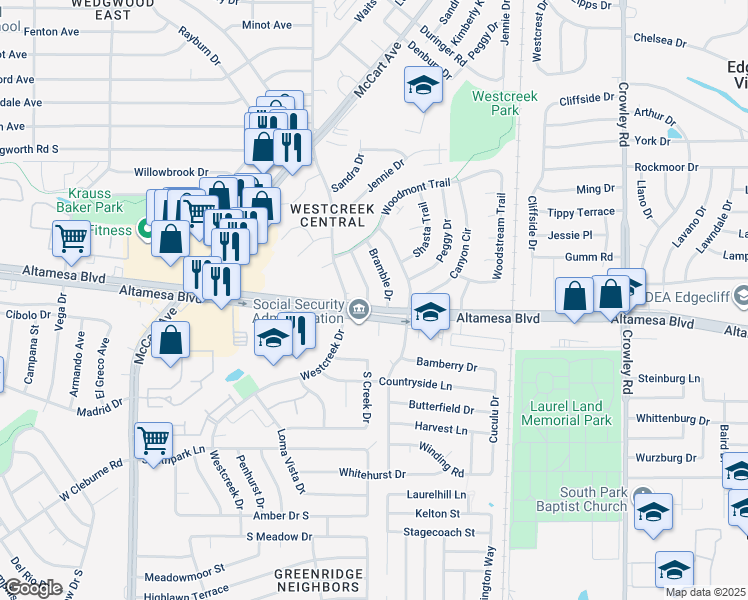map of restaurants, bars, coffee shops, grocery stores, and more near 6430 Bramble Drive in Fort Worth