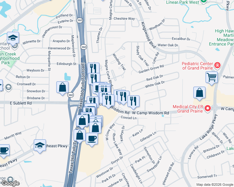 map of restaurants, bars, coffee shops, grocery stores, and more near 5059 Venecia Way in Grand Prairie