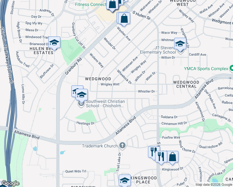 map of restaurants, bars, coffee shops, grocery stores, and more near 5017 Whistler Drive in Fort Worth