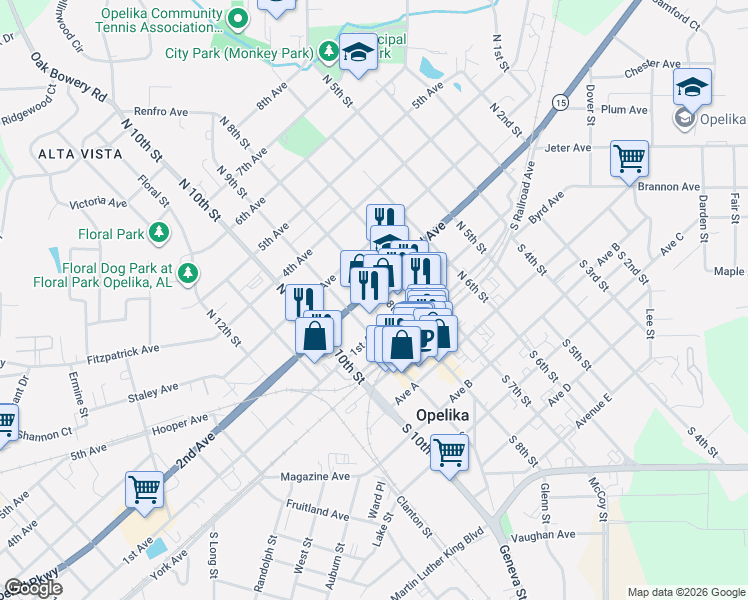 map of restaurants, bars, coffee shops, grocery stores, and more near 107 North 9th Street in Opelika
