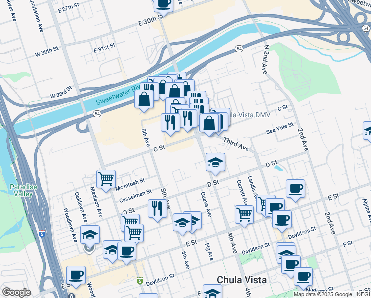 map of restaurants, bars, coffee shops, grocery stores, and more near 436 C Street in Chula Vista