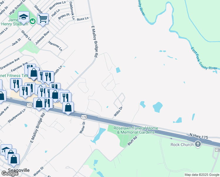 map of restaurants, bars, coffee shops, grocery stores, and more near 314 Victor Drive in Seagoville