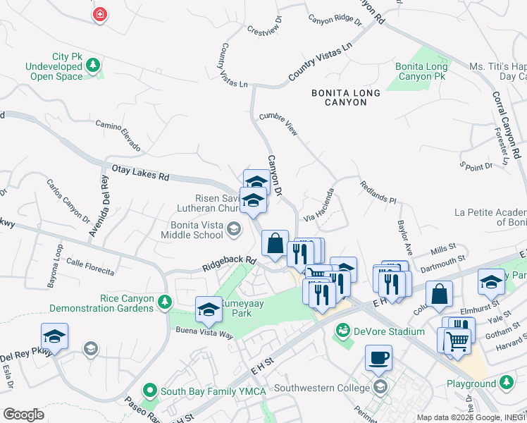 map of restaurants, bars, coffee shops, grocery stores, and more near 625 Otay Lakes Road in Chula Vista