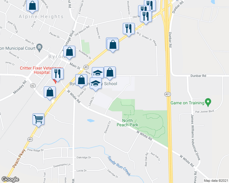 map of restaurants, bars, coffee shops, grocery stores, and more near 202 New Dunbar Road in Byron