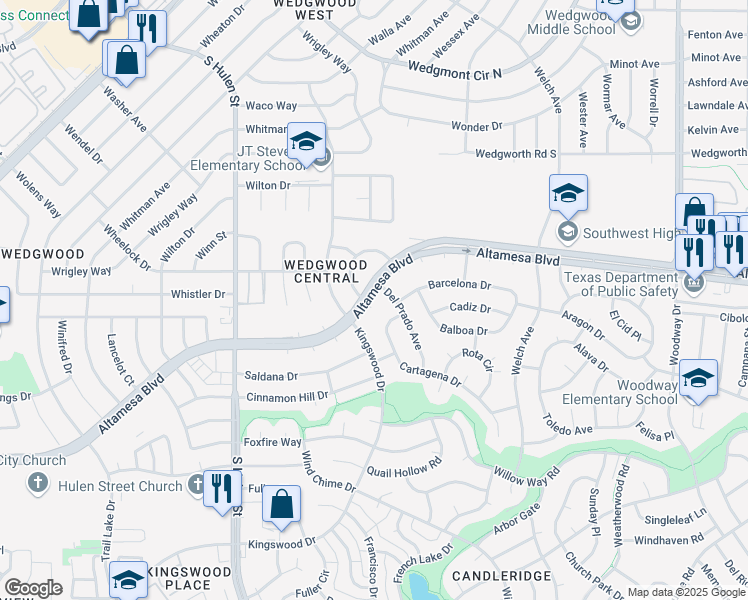 map of restaurants, bars, coffee shops, grocery stores, and more near 4429 Altamesa Boulevard in Fort Worth