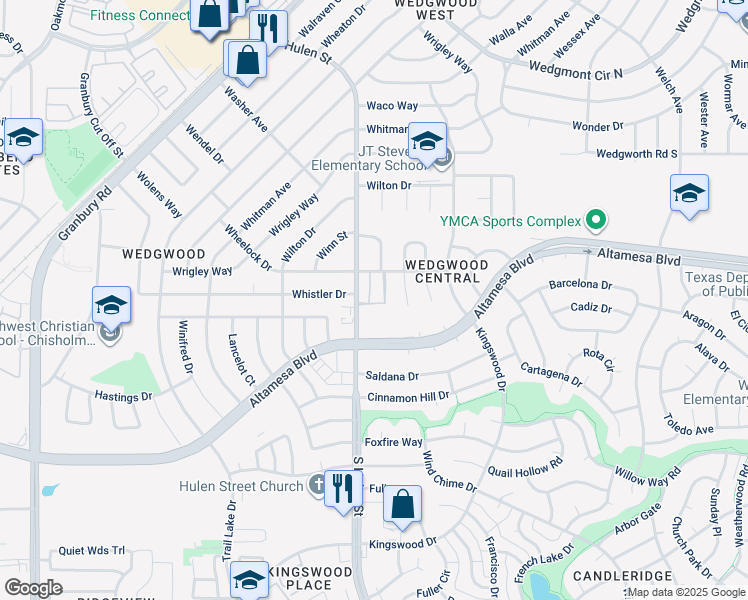 map of restaurants, bars, coffee shops, grocery stores, and more near 6629 South Hulen Street in Fort Worth