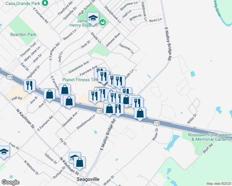 map of restaurants, bars, coffee shops, grocery stores, and more near 220 U.S. 175 Frontage Road in Seagoville