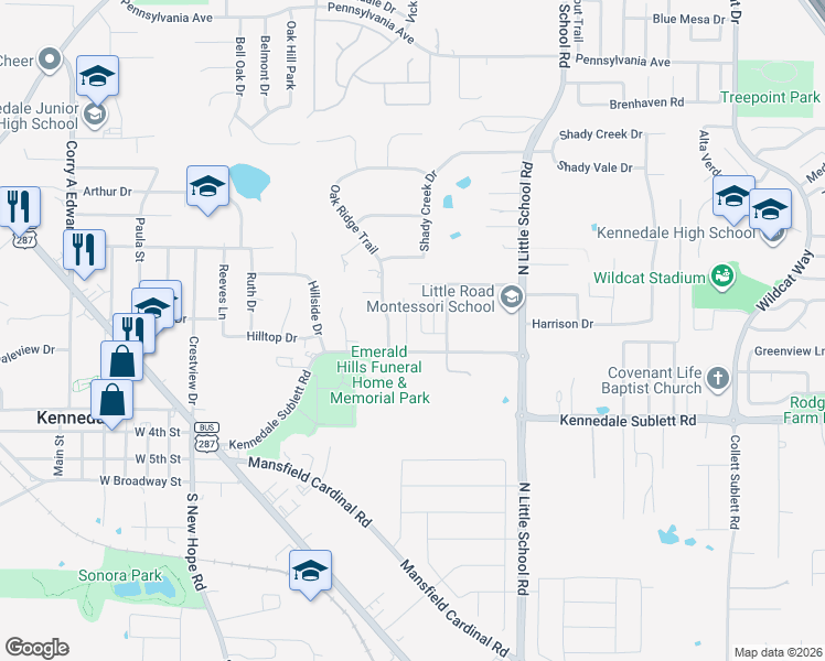 map of restaurants, bars, coffee shops, grocery stores, and more near 109 Peachtree Court in Kennedale