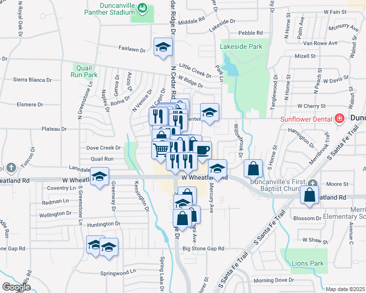 map of restaurants, bars, coffee shops, grocery stores, and more near 222 South Cedar Ridge Drive in Duncanville