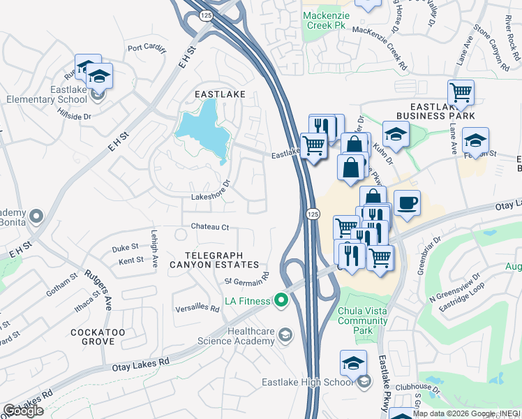 map of restaurants, bars, coffee shops, grocery stores, and more near 2113 Chateau Court in Chula Vista