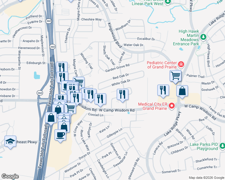 map of restaurants, bars, coffee shops, grocery stores, and more near 2830 Garden Oaks Place in Grand Prairie