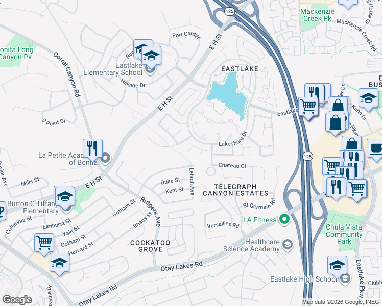 map of restaurants, bars, coffee shops, grocery stores, and more near 1958 Wildbrook Place in Chula Vista