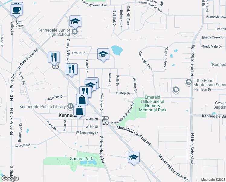 map of restaurants, bars, coffee shops, grocery stores, and more near 104 Hilltop Drive in Kennedale