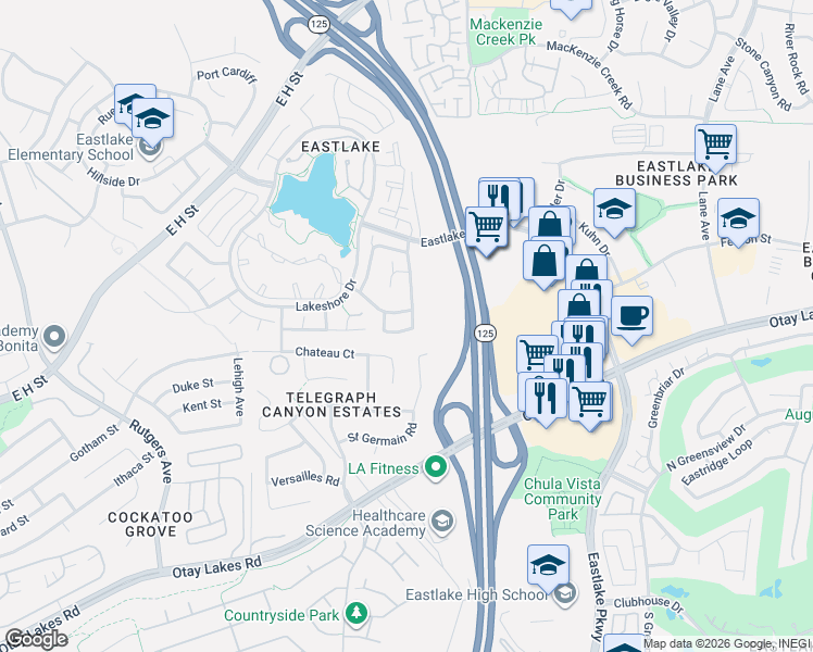 map of restaurants, bars, coffee shops, grocery stores, and more near 2113 Chateau Court in Chula Vista