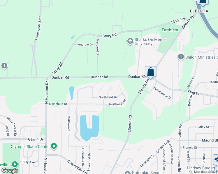 map of restaurants, bars, coffee shops, grocery stores, and more near 103-105 Northfork Court in Warner Robins