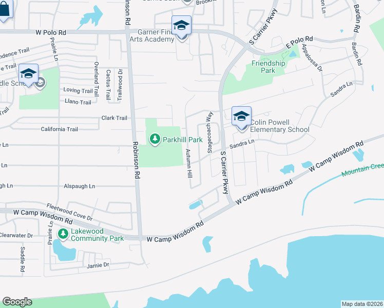 map of restaurants, bars, coffee shops, grocery stores, and more near 5107 Showdown Lane in Grand Prairie