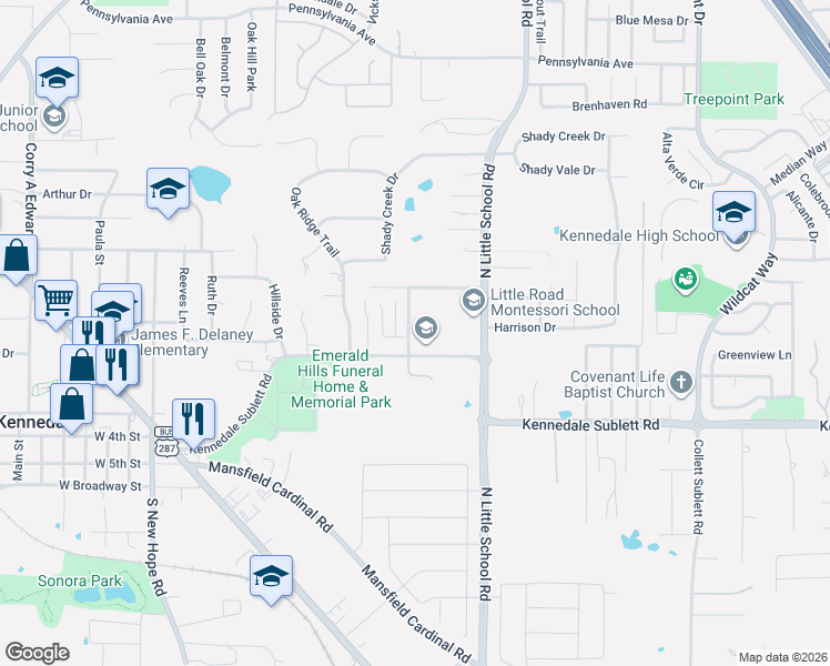 map of restaurants, bars, coffee shops, grocery stores, and more near 801 Kennedale Sublett Road in Kennedale