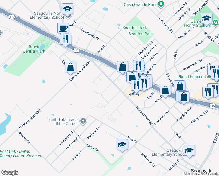 map of restaurants, bars, coffee shops, grocery stores, and more near 103 West Adkins Street in Seagoville