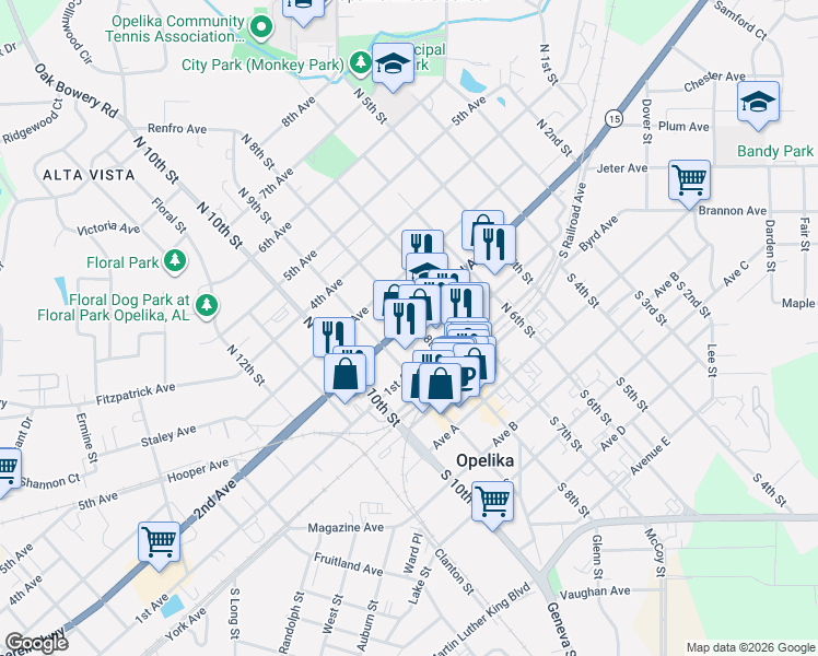 map of restaurants, bars, coffee shops, grocery stores, and more near 114 North 8th Street in Opelika