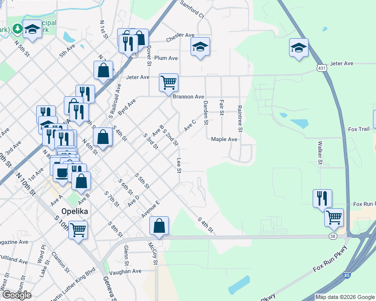map of restaurants, bars, coffee shops, grocery stores, and more near 9 Oak Court in Opelika