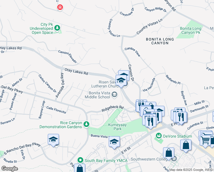 map of restaurants, bars, coffee shops, grocery stores, and more near 590 Patos Place in Chula Vista