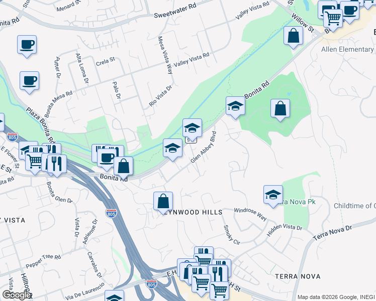 map of restaurants, bars, coffee shops, grocery stores, and more near 3369 Cordelle Lane in Chula Vista