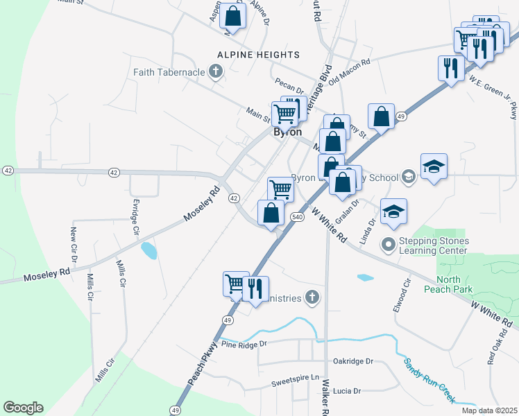map of restaurants, bars, coffee shops, grocery stores, and more near 107 Church Street in Byron