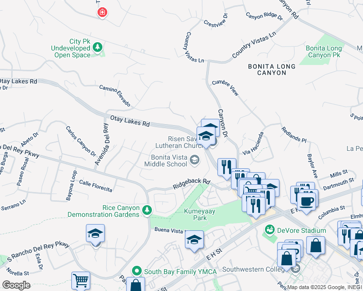 map of restaurants, bars, coffee shops, grocery stores, and more near 590 Patos Place in Chula Vista