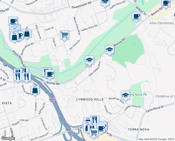 map of restaurants, bars, coffee shops, grocery stores, and more near 3369 Cordelle Lane in Chula Vista