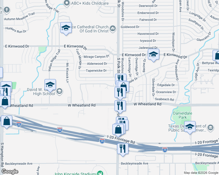 map of restaurants, bars, coffee shops, grocery stores, and more near 1223 Cleardale Drive in Dallas