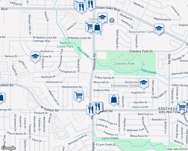 map of restaurants, bars, coffee shops, grocery stores, and more near 101 Caprock Drive in Arlington