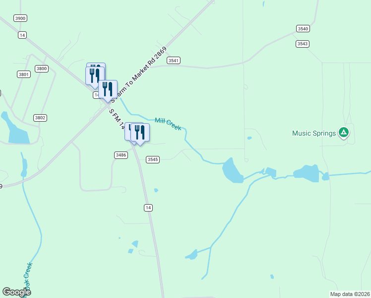 map of restaurants, bars, coffee shops, grocery stores, and more near County Road 3545 in Hawkins