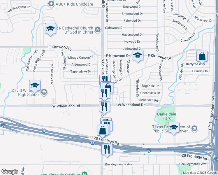 map of restaurants, bars, coffee shops, grocery stores, and more near 921 Cleardale Drive in Dallas