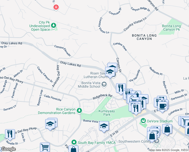 map of restaurants, bars, coffee shops, grocery stores, and more near 581 Via La Paloma in Chula Vista