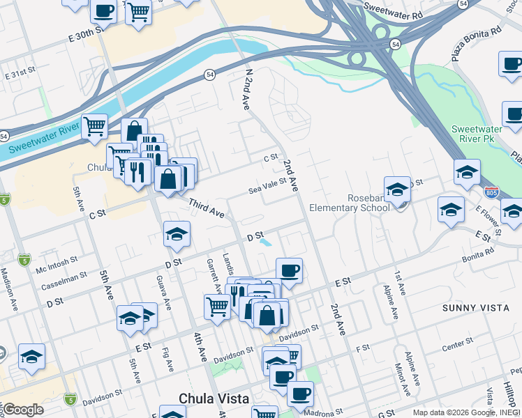 map of restaurants, bars, coffee shops, grocery stores, and more near 53 Del Mar Avenue in Chula Vista