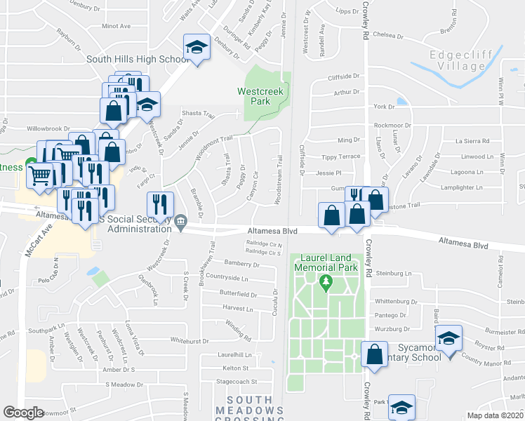 map of restaurants, bars, coffee shops, grocery stores, and more near 2309 Whispering Court in Fort Worth
