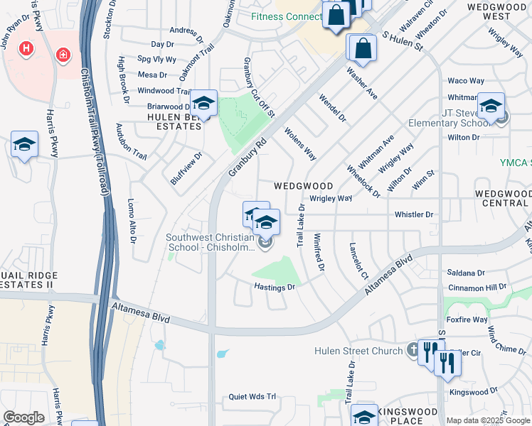 map of restaurants, bars, coffee shops, grocery stores, and more near 6614-6780 Dan Danciger Road in Fort Worth