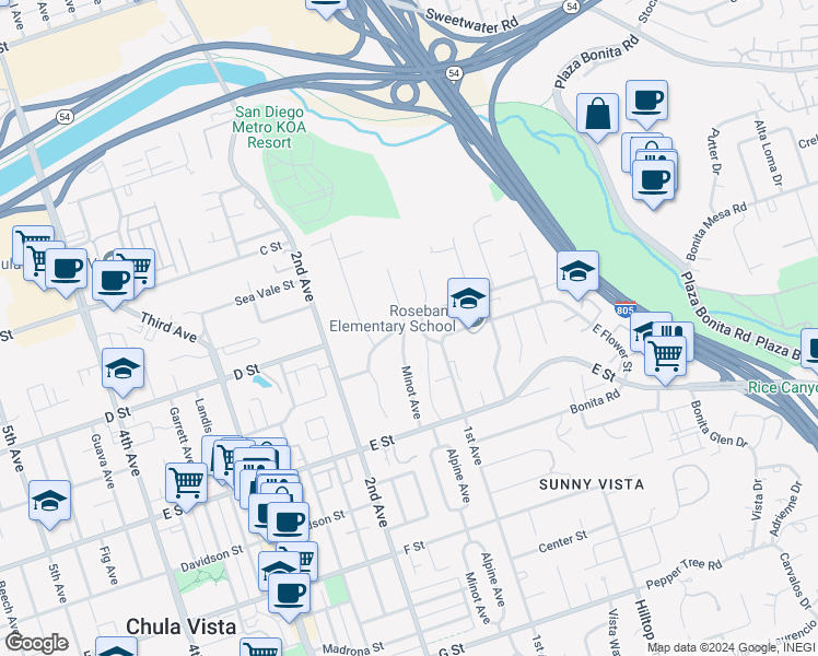 map of restaurants, bars, coffee shops, grocery stores, and more near 105 Minot Avenue in Chula Vista