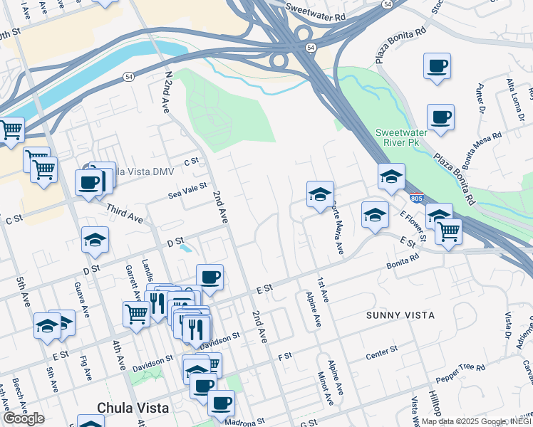 map of restaurants, bars, coffee shops, grocery stores, and more near 149 D Street in Chula Vista